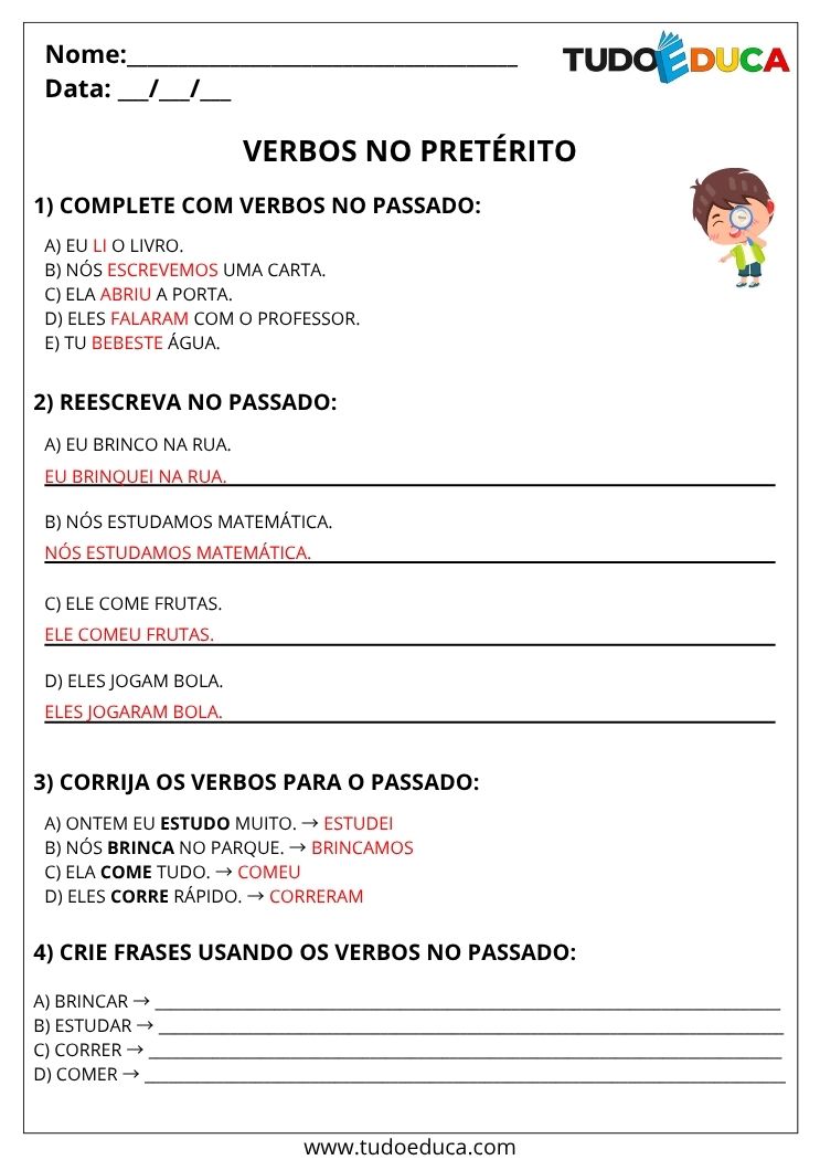 Atividade de Portugues 4 ano com gabarito de verbo no preterito