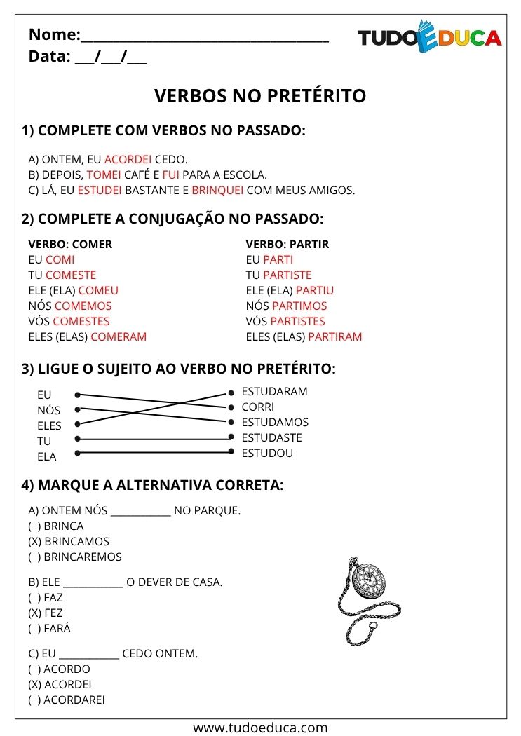 Atividade de Portugues 4 ano com gabarito de verbos preterito