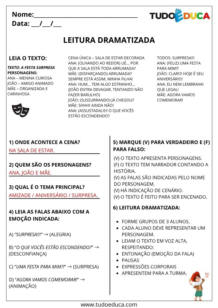 Atividade de Portugues 4 ano com gabarito leitura dramatizada