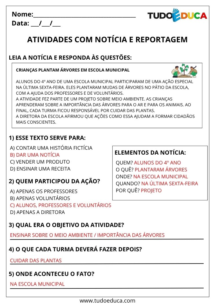 Atividade de Portugues 4 ano com gabarito noticia