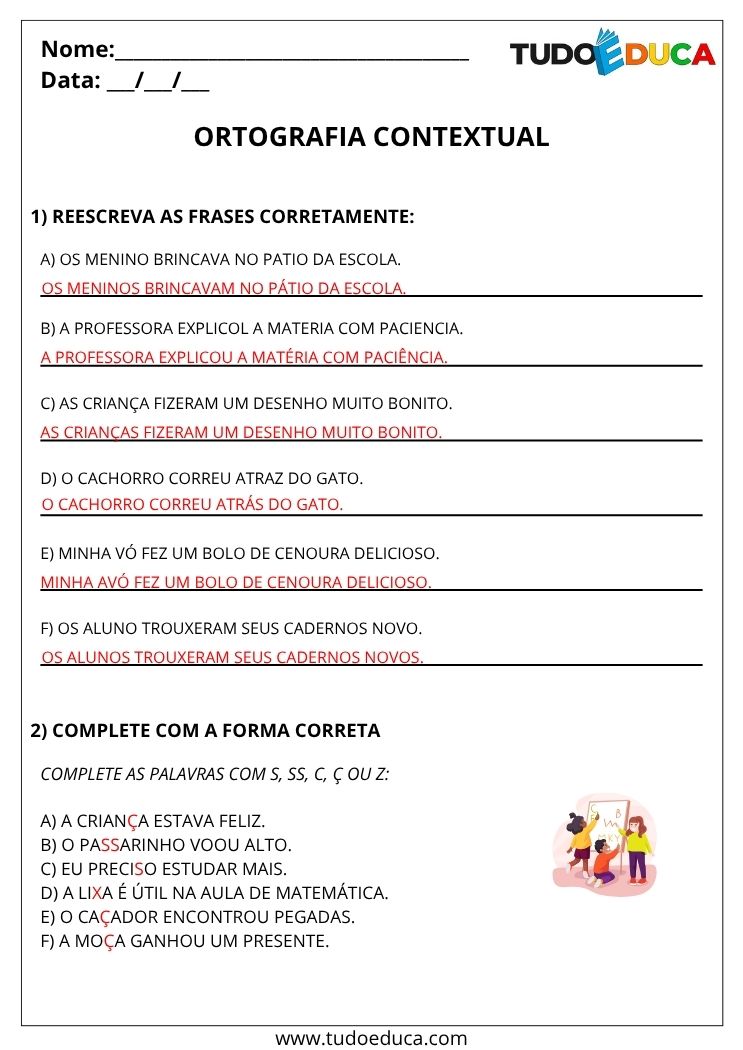 Atividade de Portugues 4 ano com gabarito ortografia contextual