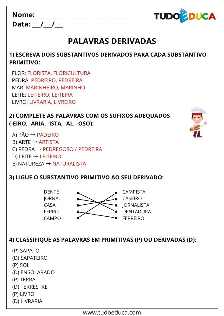 Atividade de Portugues 4 ano com gabarito palavras derivadas