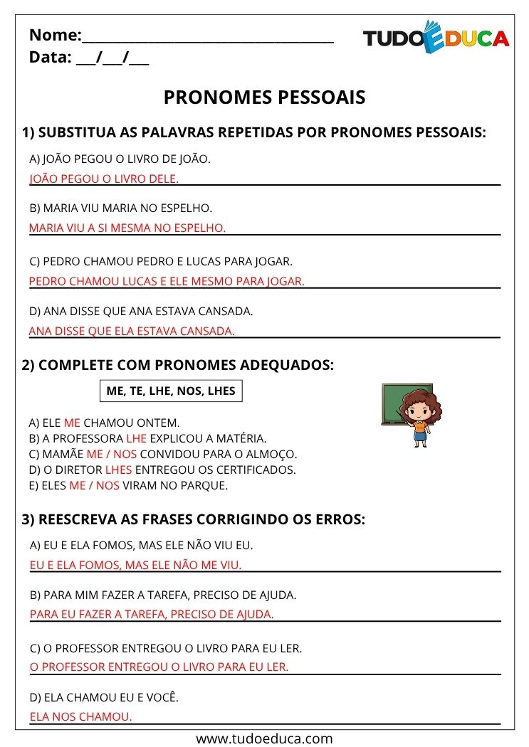 Atividade de Portugues 4 ano com gabarito pronome pessoal