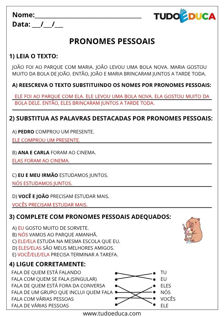 Atividade de Portugues 4 ano com gabarito pronomes pessoais