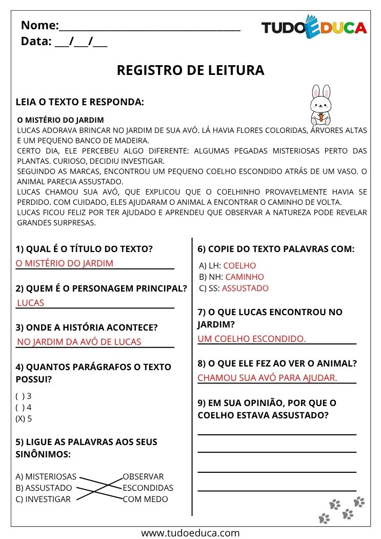 Atividade de Portugues 4 ano com gabarito registro de leitura