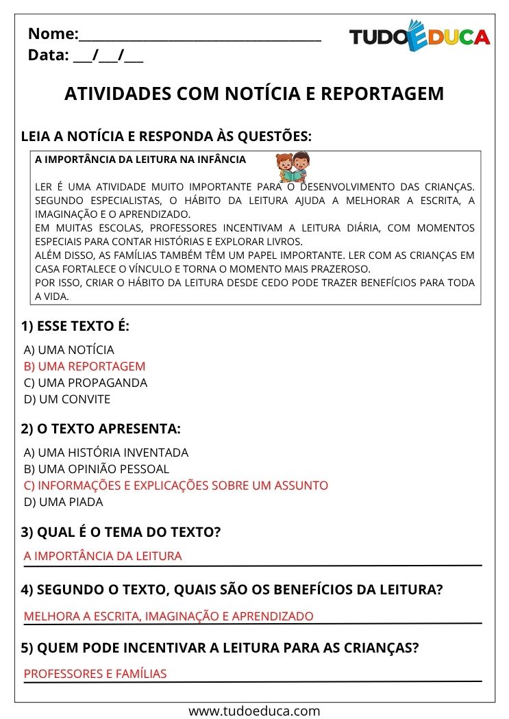 Atividade de Portugues 4 ano com gabarito reportagem