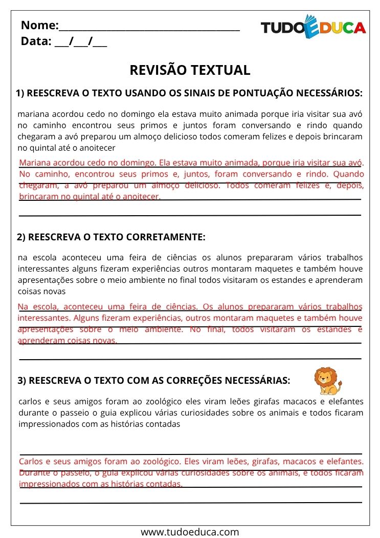 Atividade de Portugues 4 ano com gabarito revisao textual