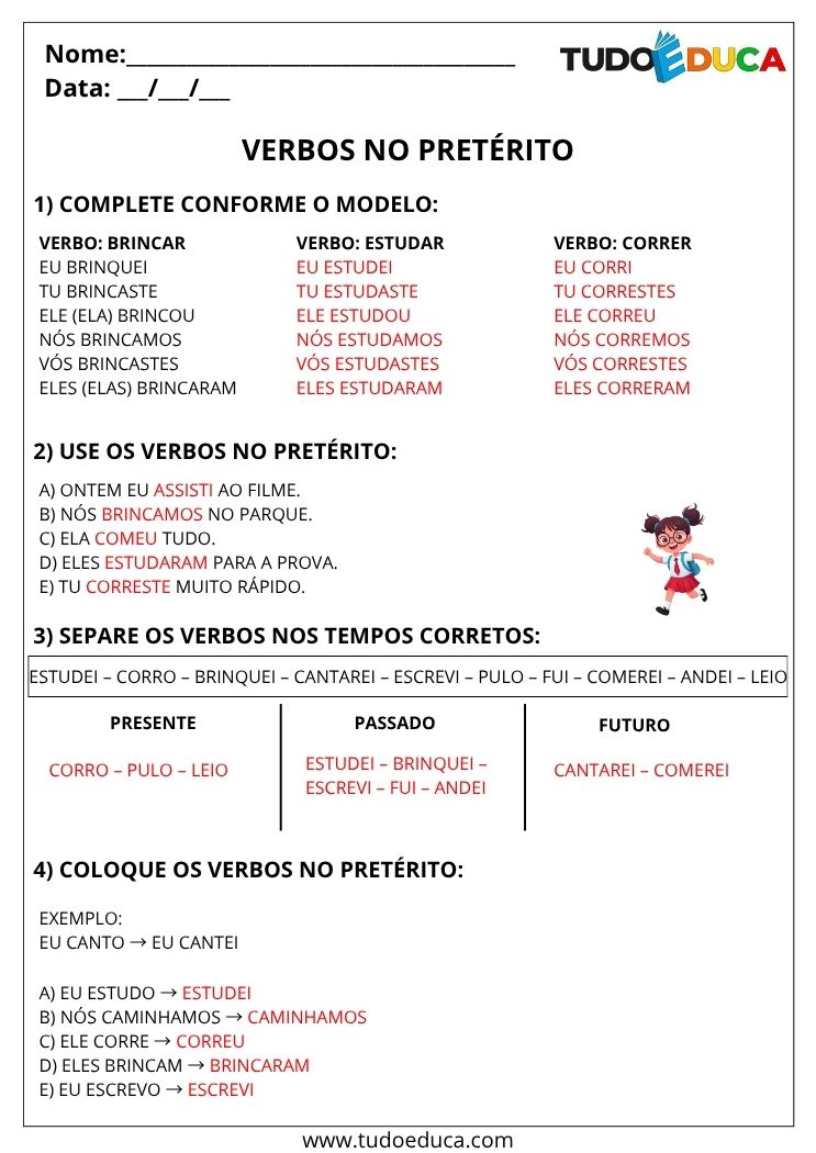 Atividade de Portugues 4 ano com gabarito verbos no preterito