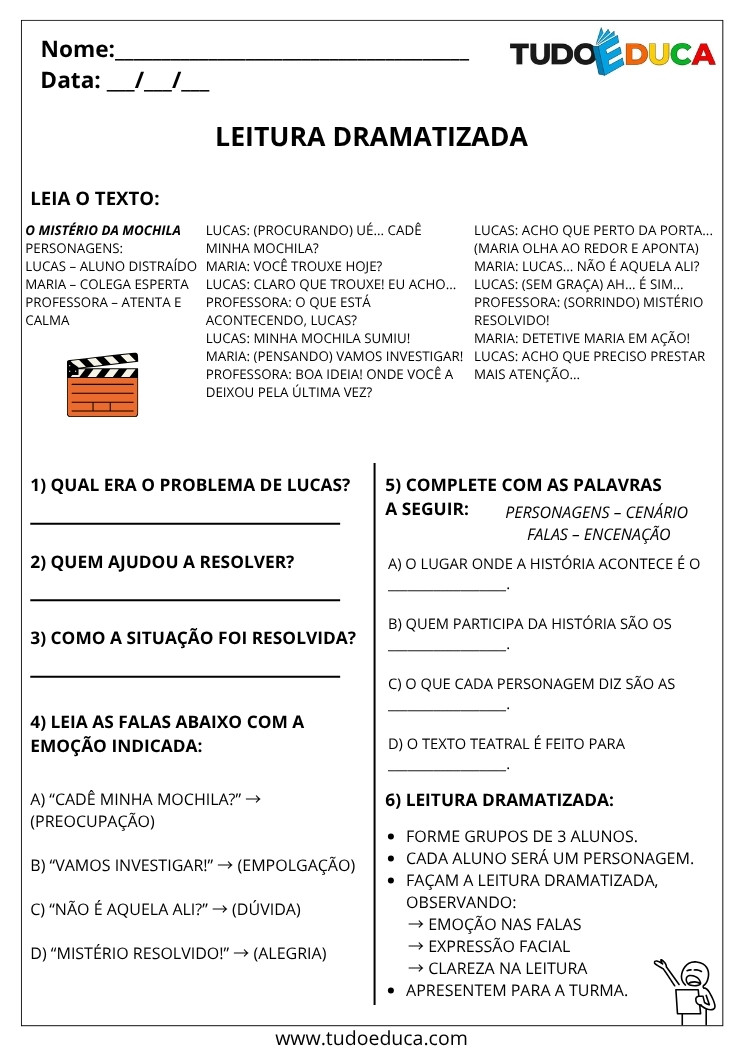 Atividade de Português 4 ano com leitura dramatizada