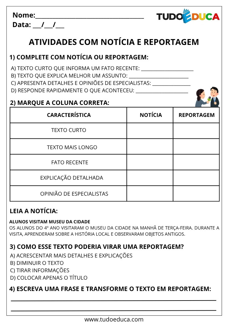 Atividade de Português 4 ano com noticia e reportagem