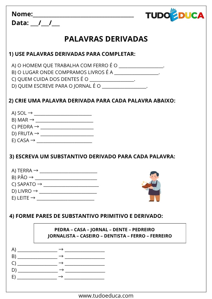 Atividade de Português 4 ano com palavras derivadas