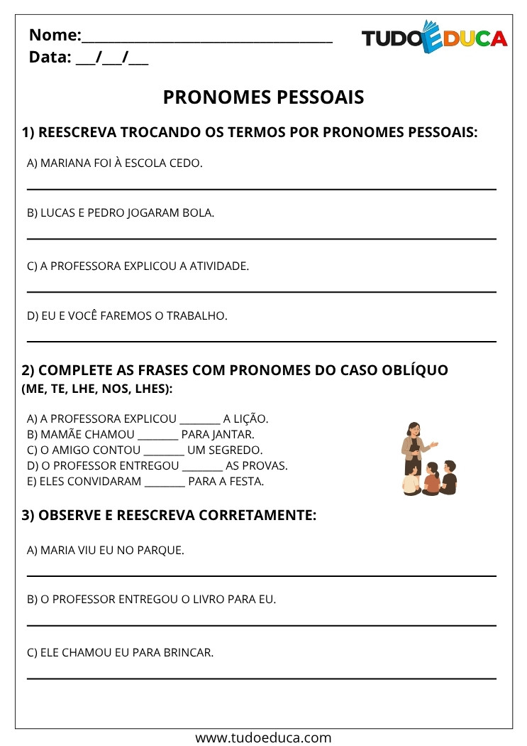 Atividade de Português 4 ano com pronomes pessoais