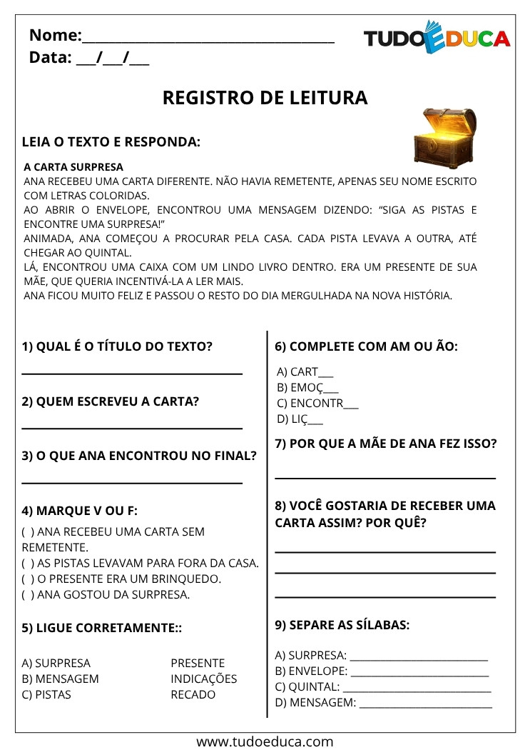 Atividade de Português 4 ano com registro de leitura