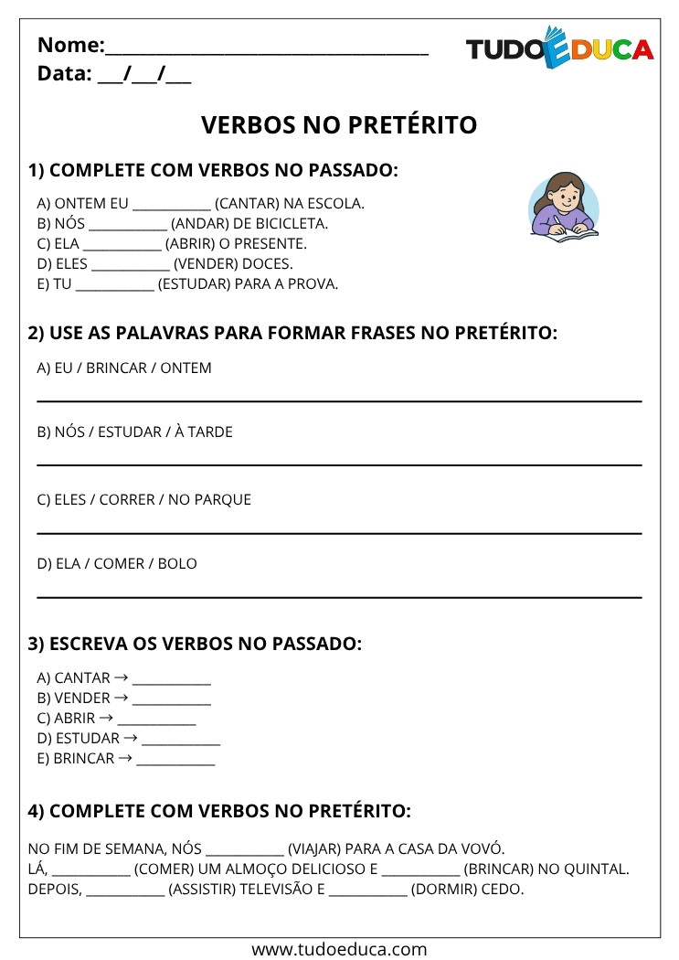 Atividade de Português 4 ano com verbos no preterito