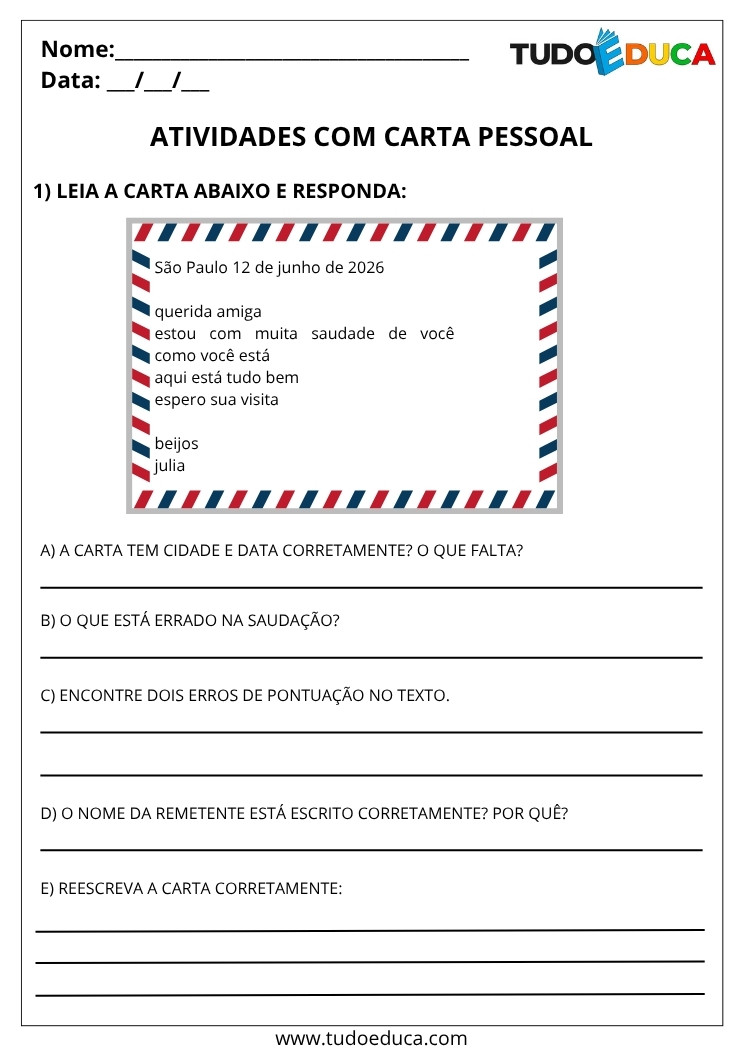 Atividade de Português 4 ano de carta pessoal