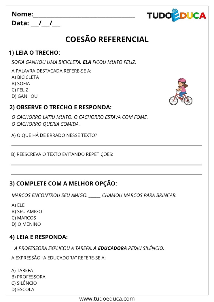 Atividade de Português 4 ano de coesao referencial