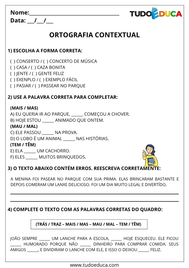 Atividade de Português 4 ano de ortografia contextual