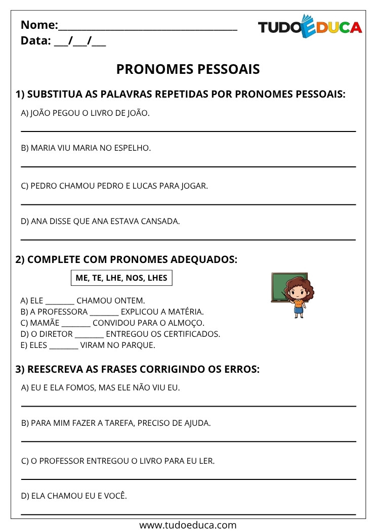 Atividade de Português 4 ano de pronomes pessoais