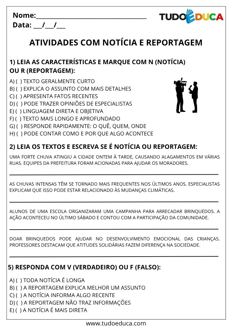 Atividade de Português 4 ano noticia e reportagem