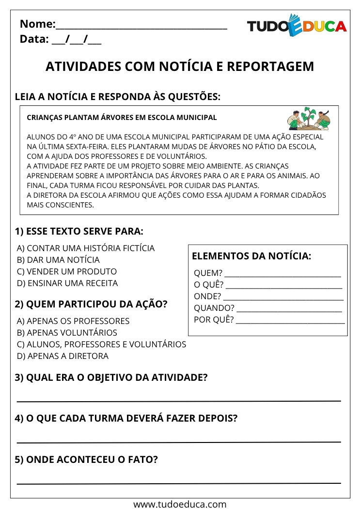 Atividade de Português 4 ano noticia