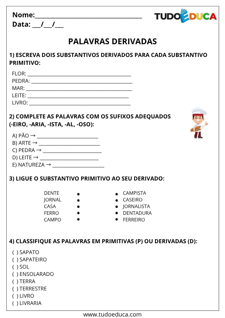 Atividade de Português 4 ano palavras derivadas