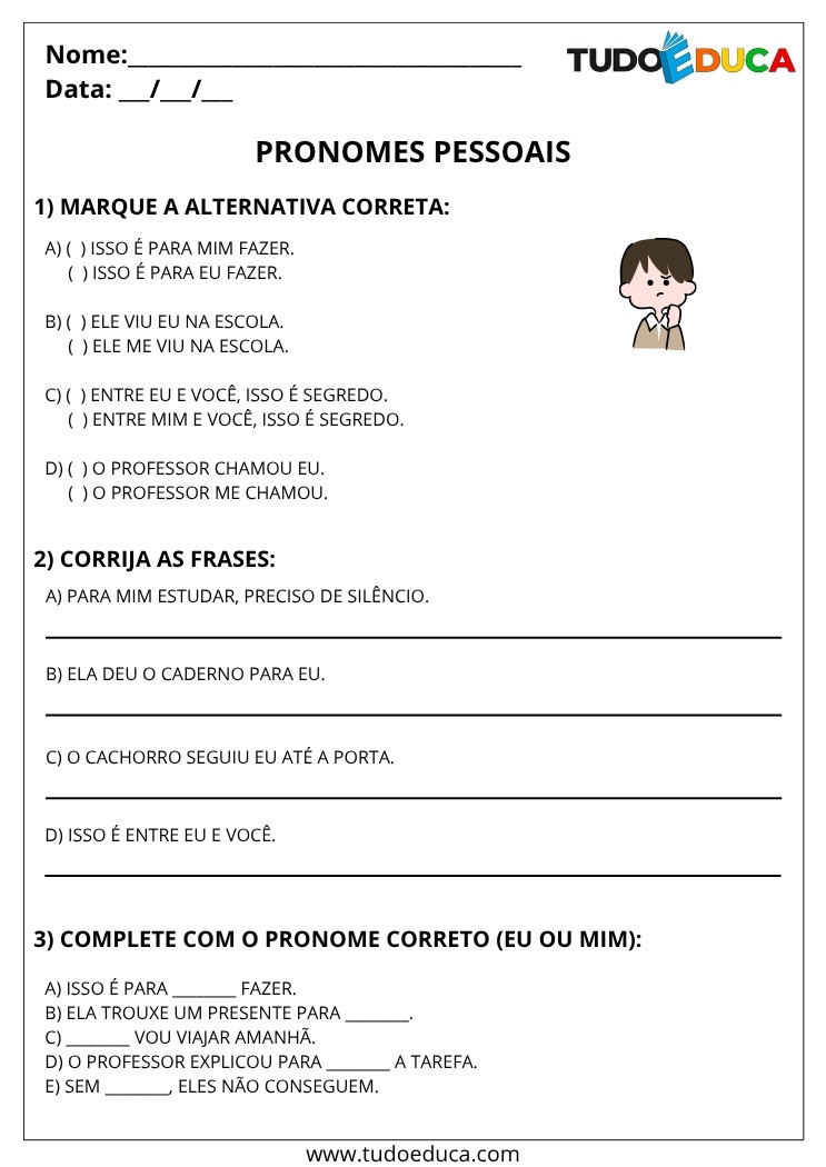 Atividade de Português 4 ano pronome pessoal