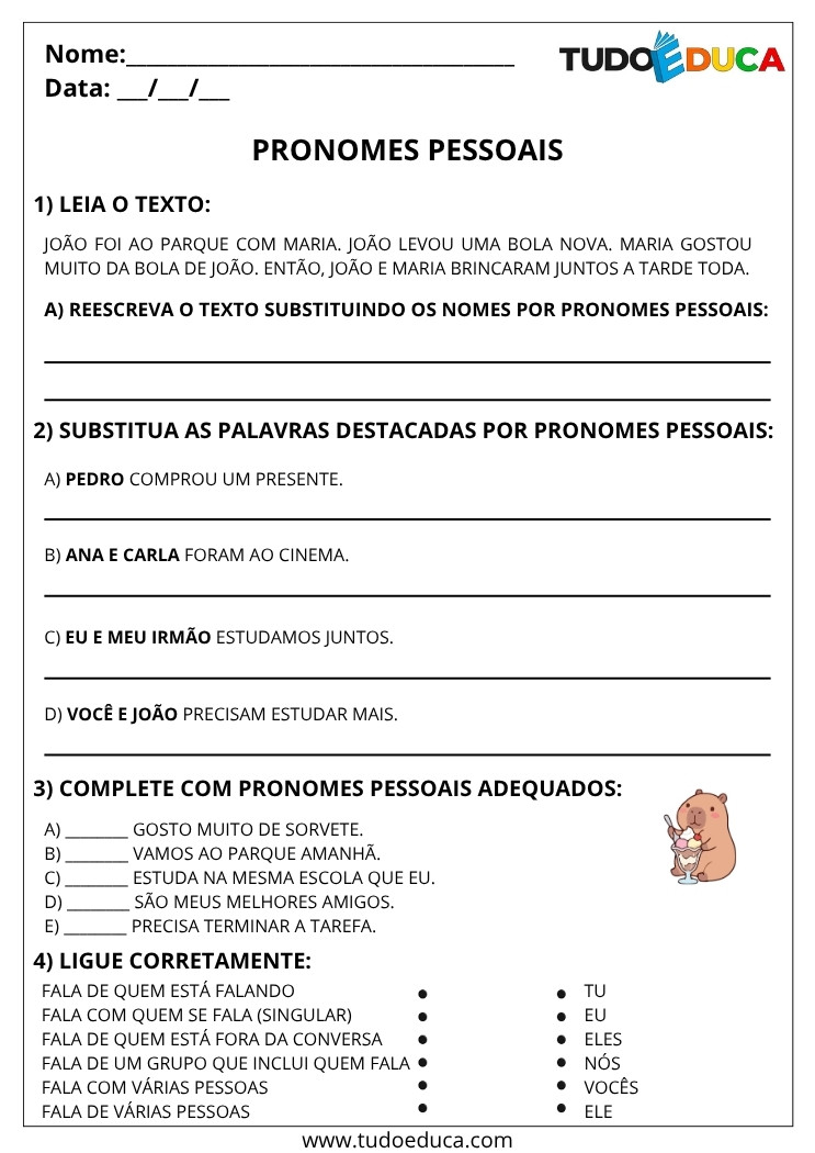 Atividade de Português 4 ano pronomes pessoais