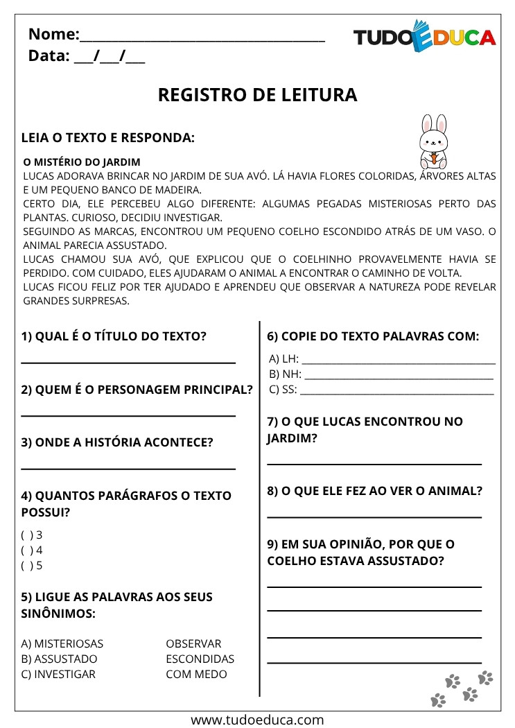 Atividade de Português 4 ano registro de leitura