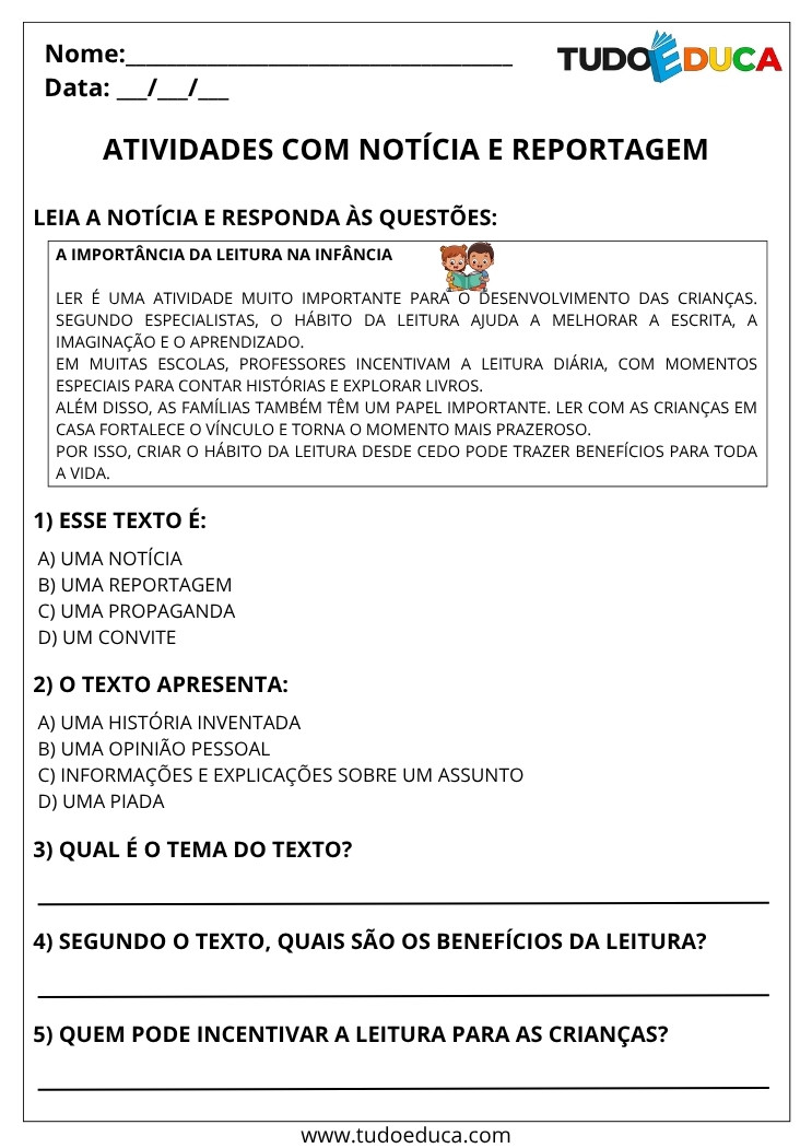 Atividade de Português 4 ano reportagem