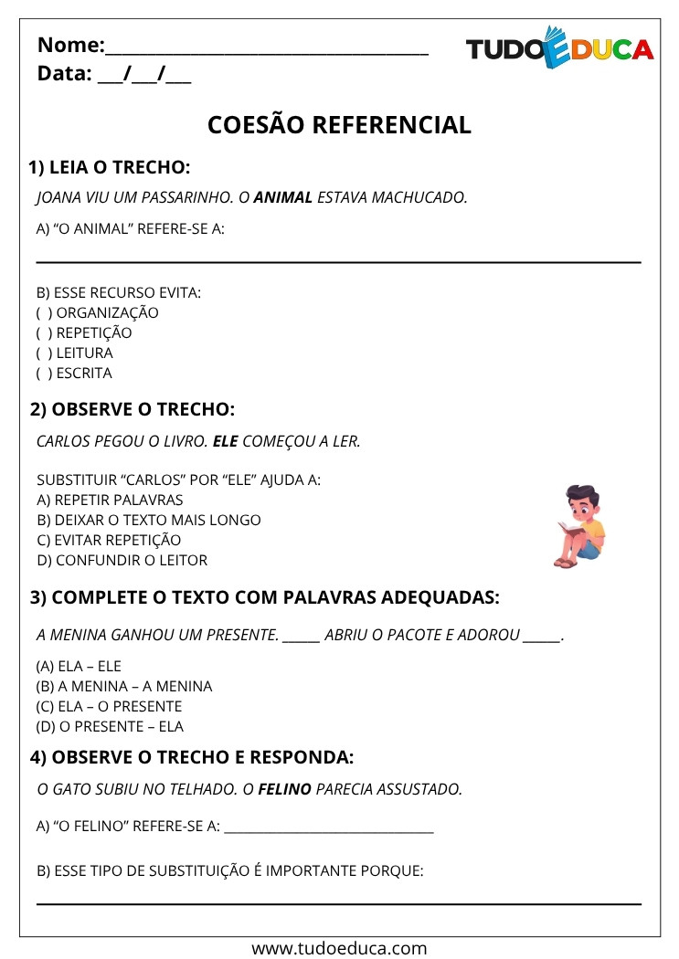 Atividade de Português 4 ano sobre coesao referencial