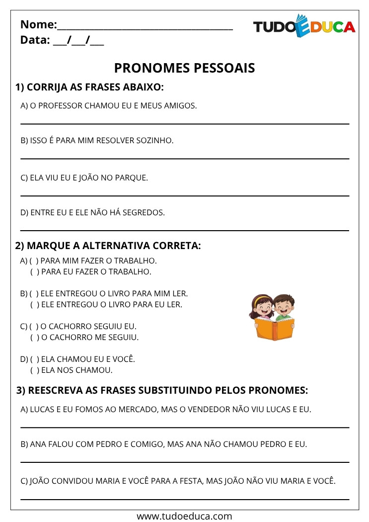 Atividade de Português 4 ano sobre pronomes pessoais