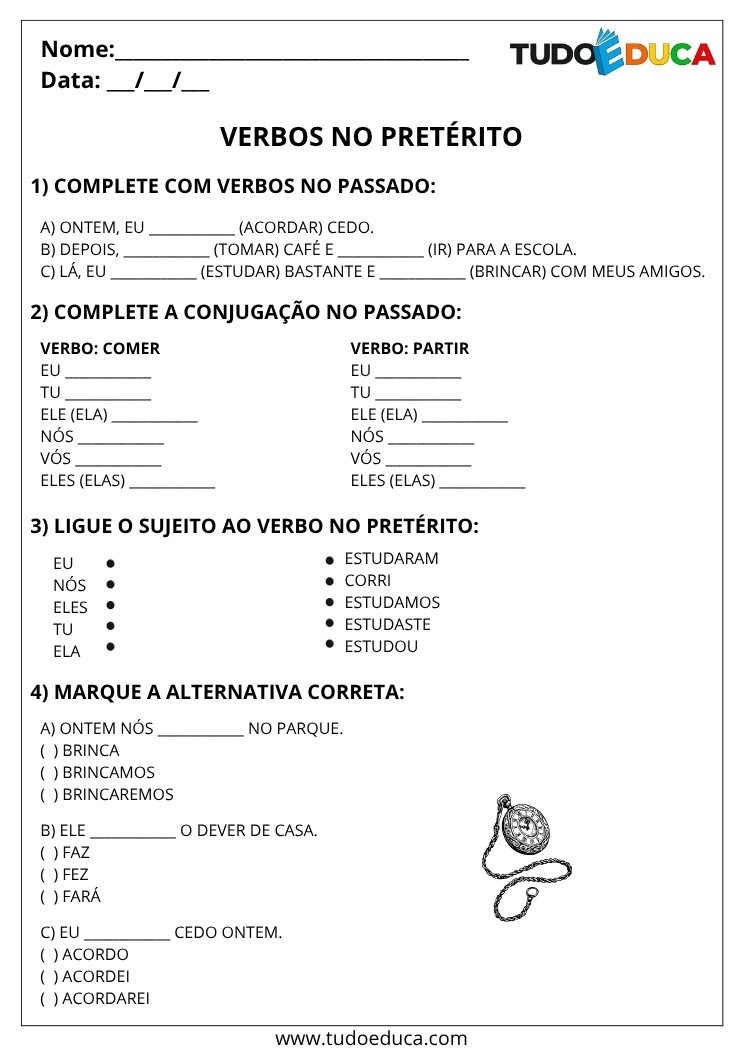 Atividade de Português 4 ano verbo preterito