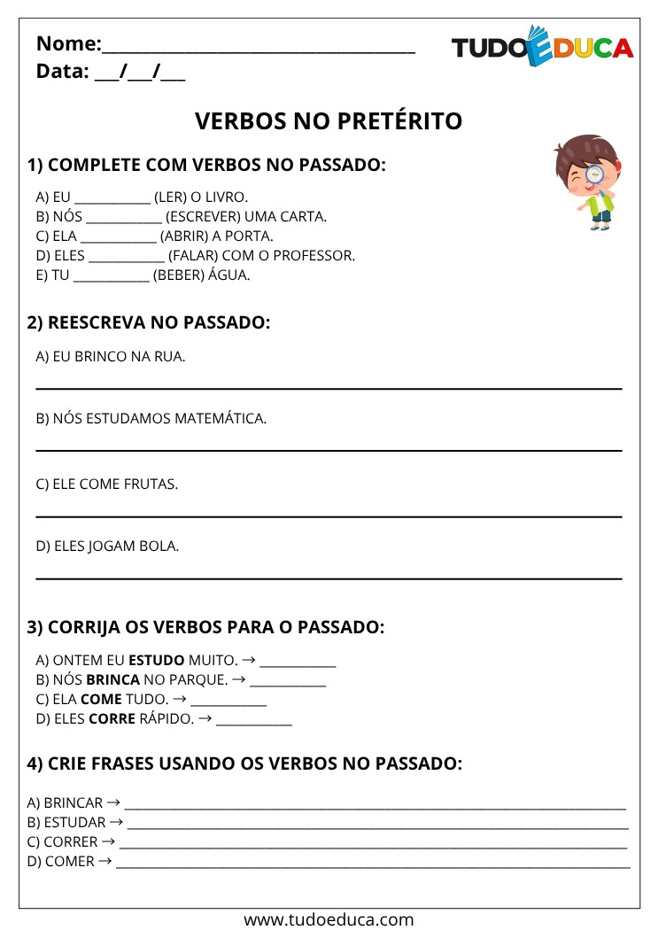 Atividade de Português 4 ano verbos passado