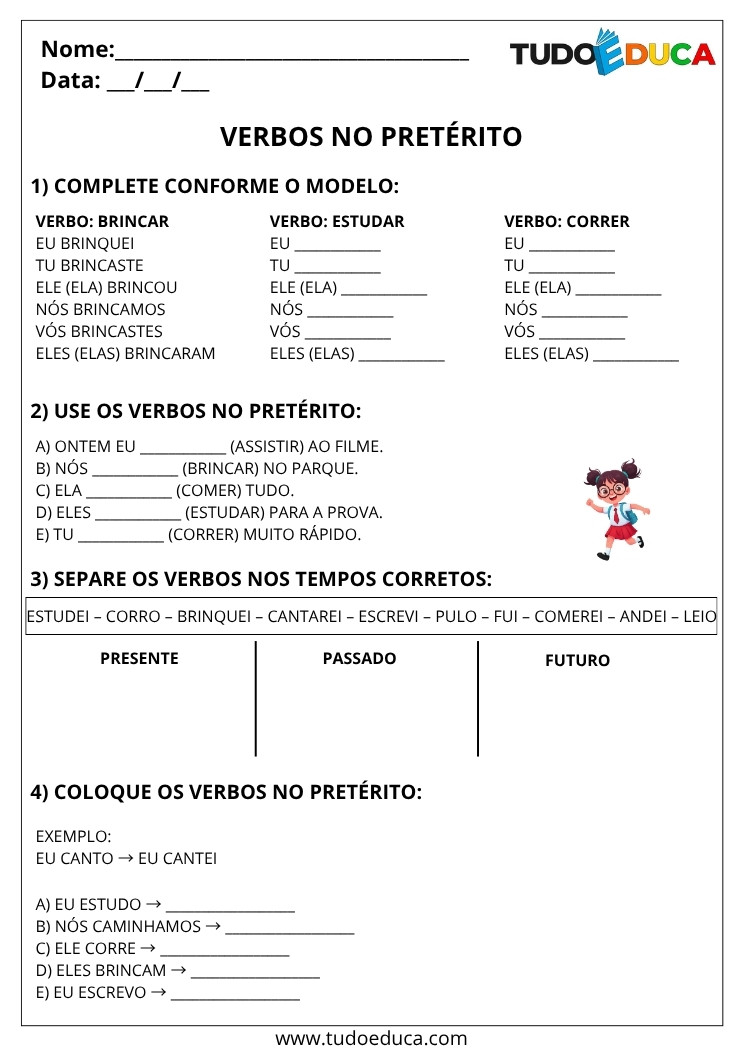 Atividade de Português 4 ano verbos preterito