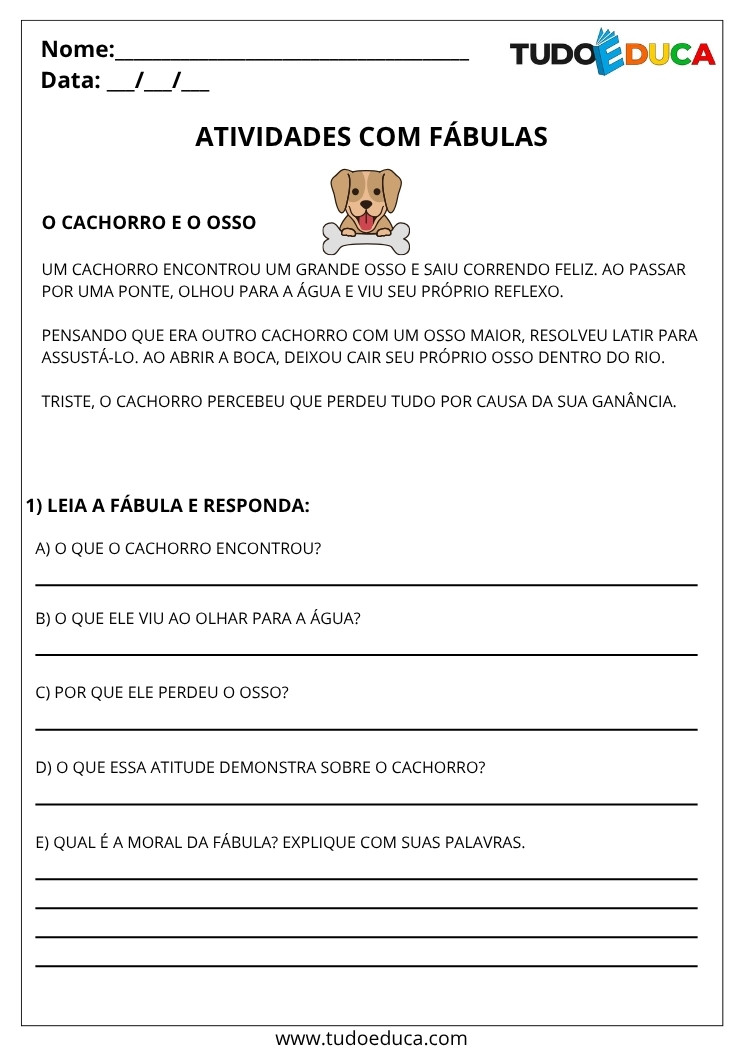 Atividade de Portugues 5 ano com fabulas