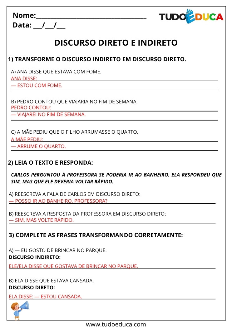 Atividade de Portugues 5 ano com gabarito com discurso direto e indireto