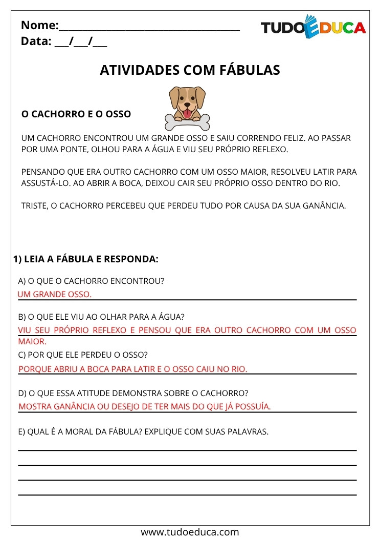 Atividade de Portugues 5 ano com gabarito com fabulas