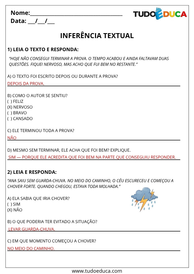 Atividade de Portugues 5 ano com gabarito com inferencia textual