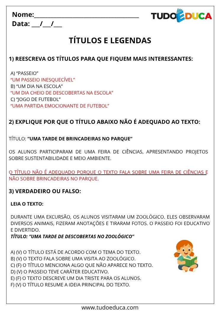 Atividade de Portugues 5 ano com gabarito com titulos e legendas
