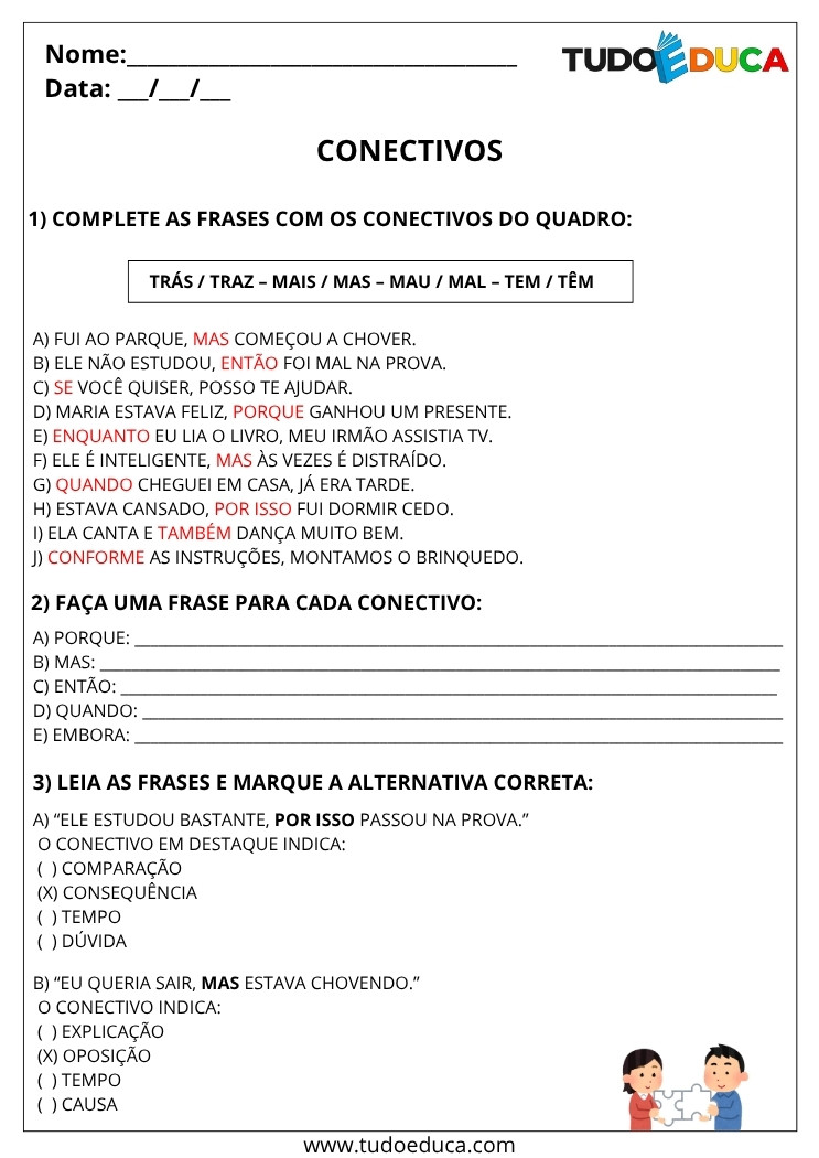 Atividade de Portugues 5 ano com gabarito conectivos