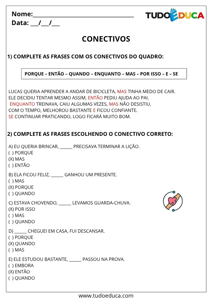 Atividade de Portugues 5 ano com gabarito de conectivos