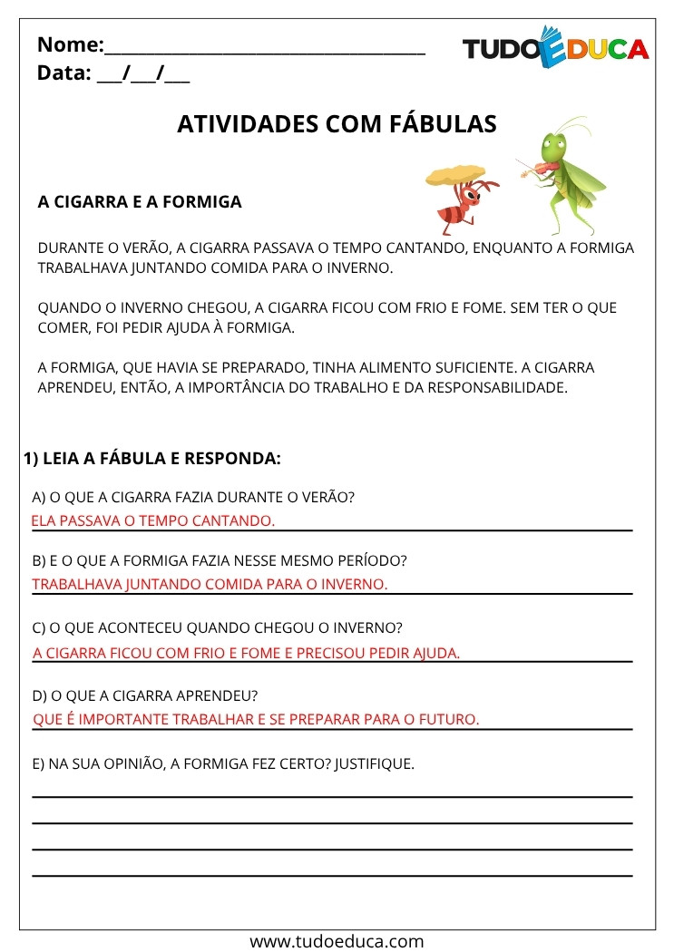 Atividade de Portugues 5 ano com gabarito de fabulas