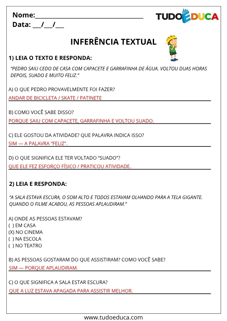 Atividade de Portugues 5 ano com gabarito de inferencia textual