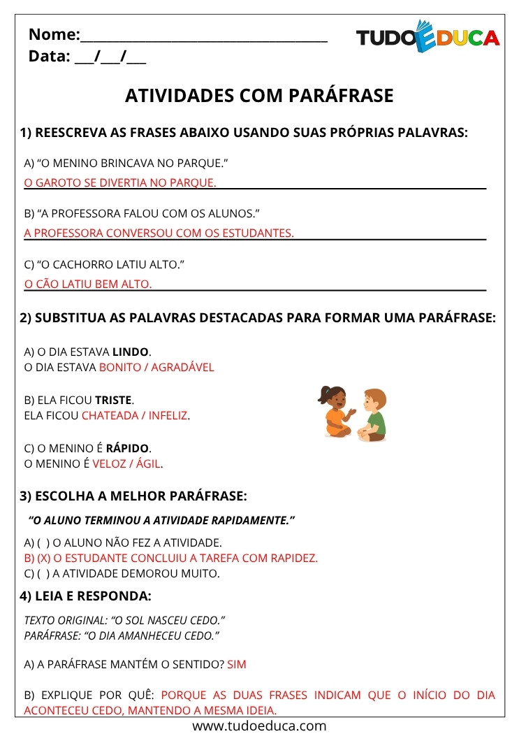 Atividade de Portugues 5 ano com gabarito de parafrase
