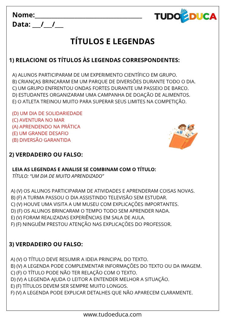 Atividade de Portugues 5 ano com gabarito de titulos e legendas