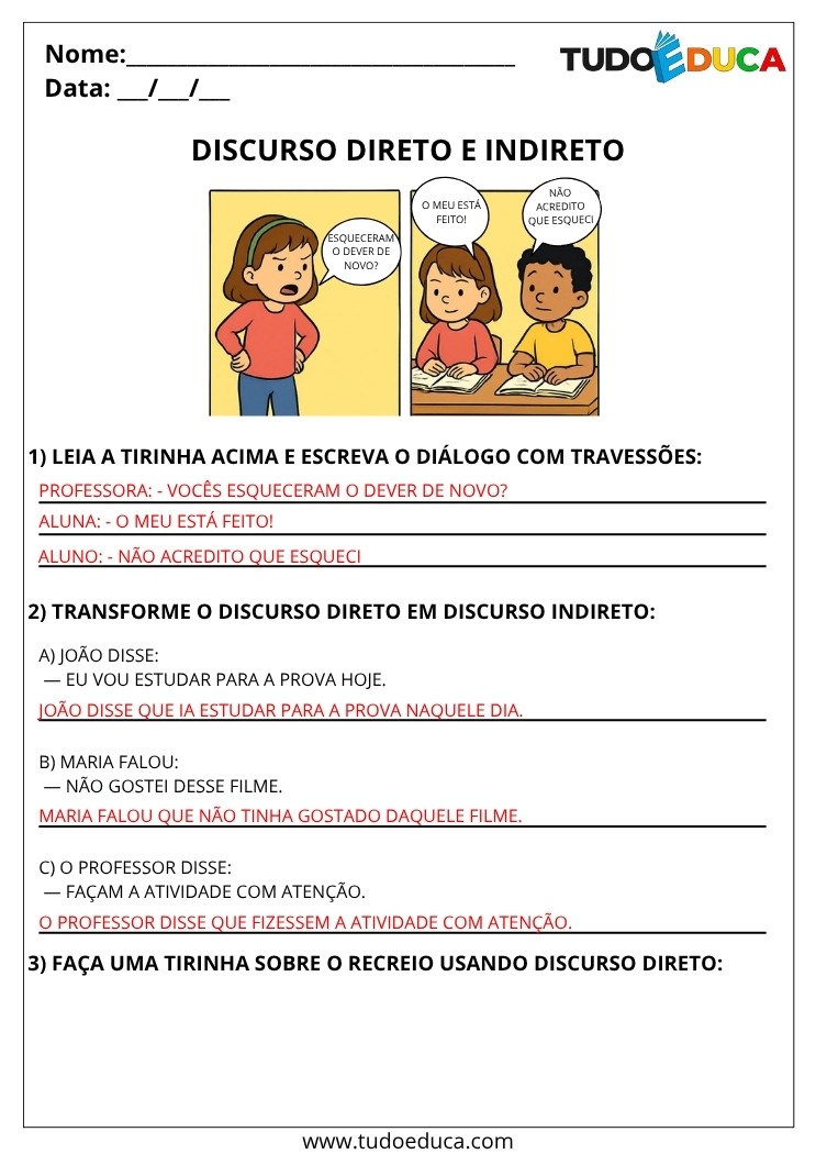 Atividade de Portugues 5 ano com gabarito dicurso direto e indireto