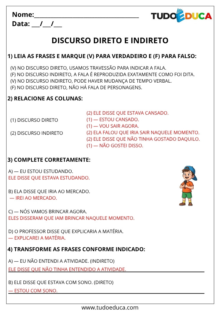 Atividade de Portugues 5 ano com gabarito dicurso direto
