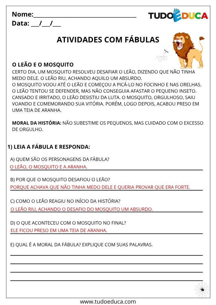 Atividade de Portugues 5 ano com gabarito fabulas