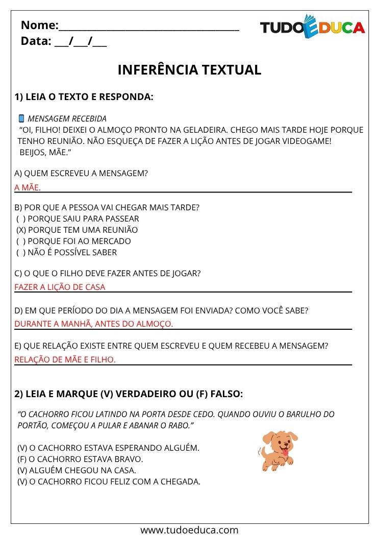 Atividade de Portugues 5 ano com gabarito inferencia textual
