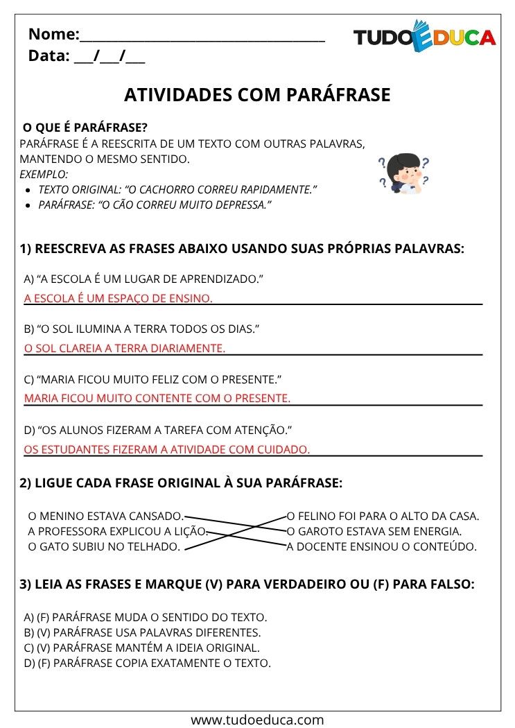 Atividade de Portugues 5 ano com gabarito parafrase